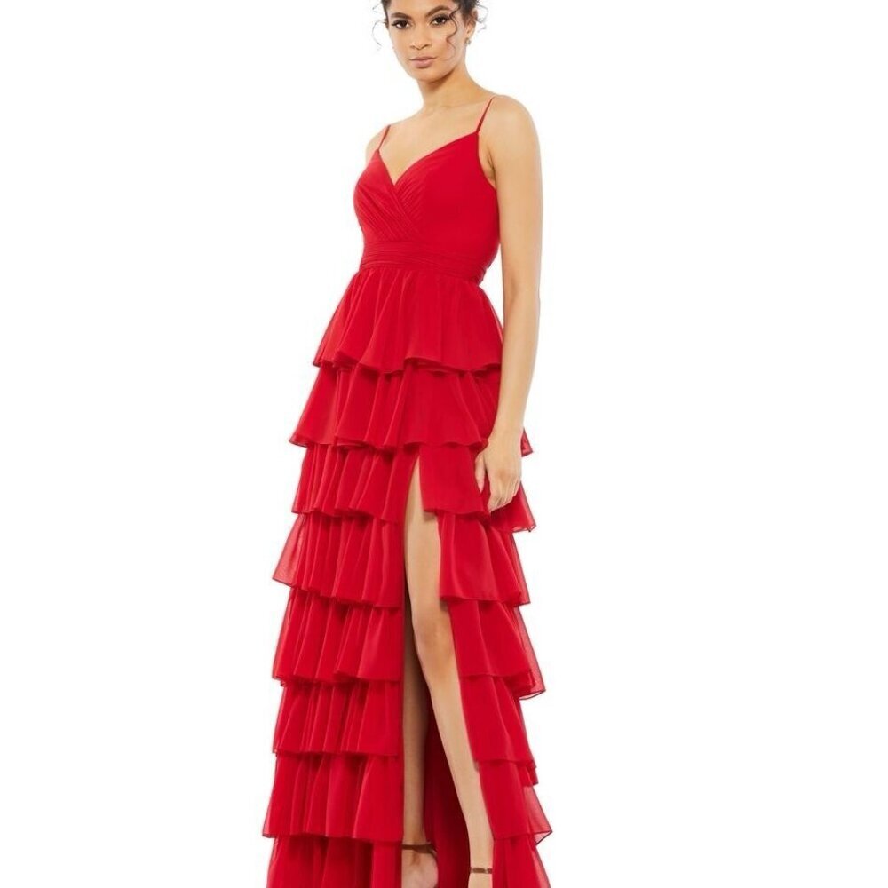 New Mac Duggal Size 2 Red Tiered Ruffle Empire Waist Chiffon Gown Dress prom NWT